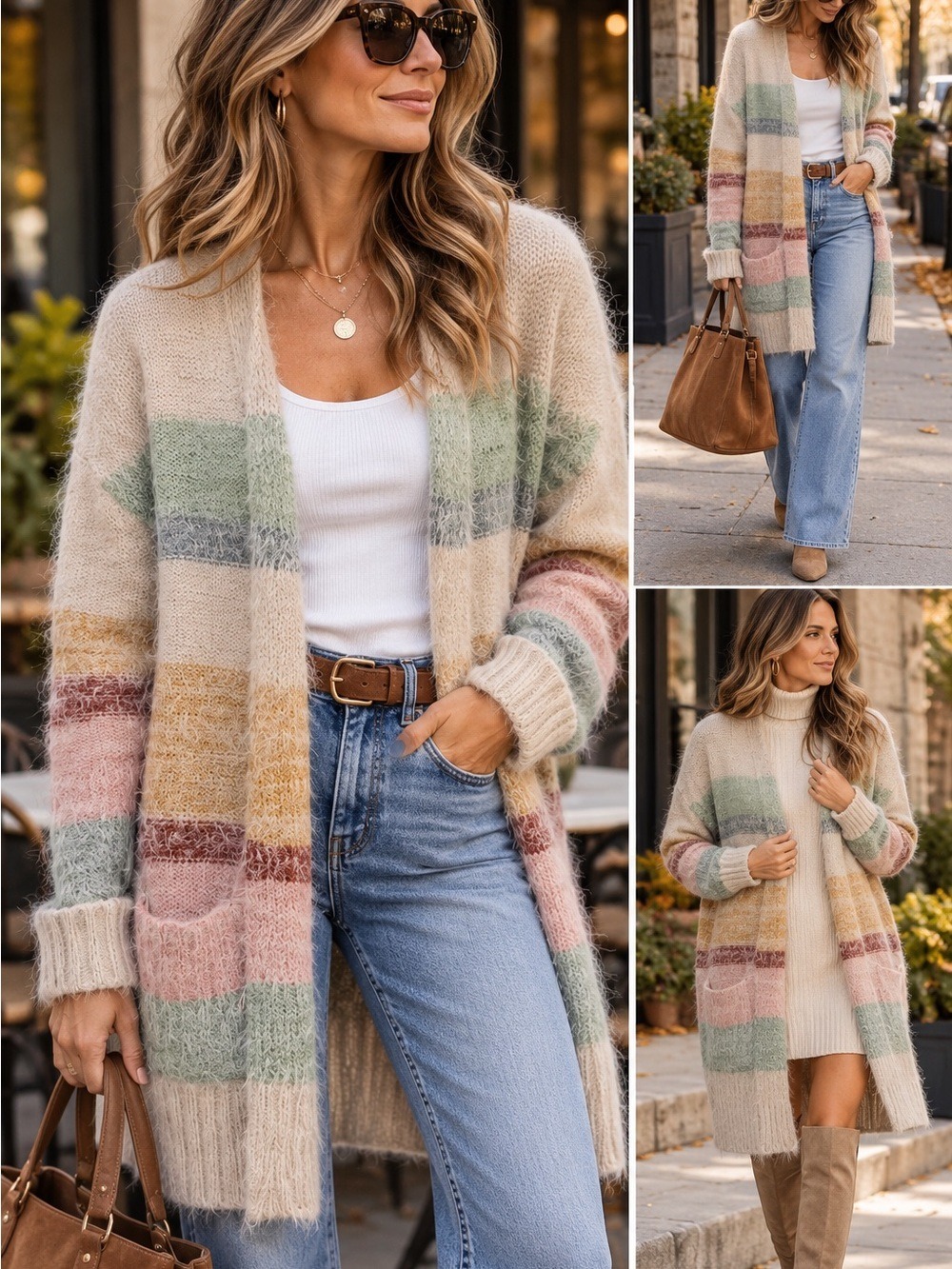 DEX Pastel Striped Fuzzy Longline Open Cardigan Oversized Size S